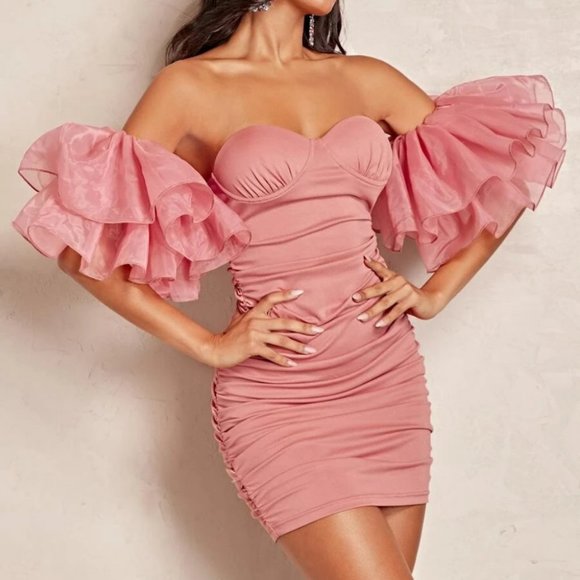 . Dresses & Skirts - Off Shoulder statement Ruffle Ruched Bodycon Mini Dress pink